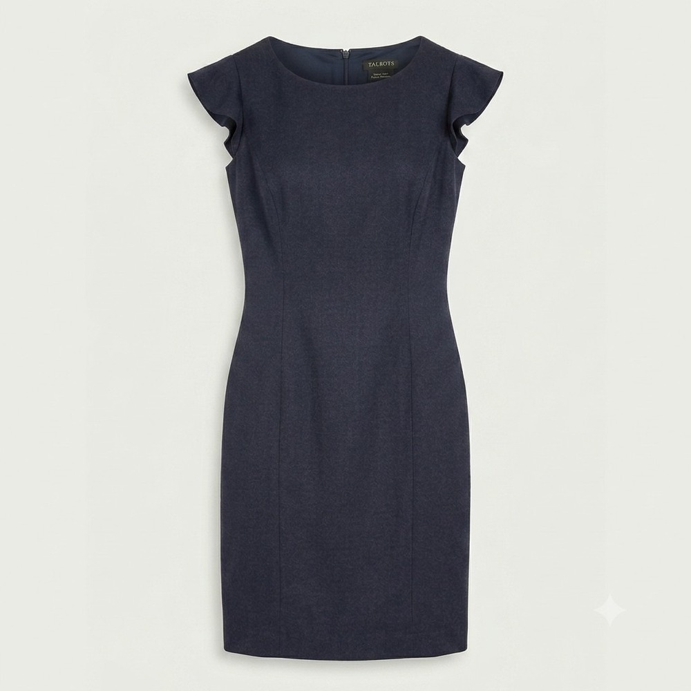 TALBOTS Italian Flannel Wool Navy Blue Dress Sheath Ruffle Flutter Cap Sleeve 4